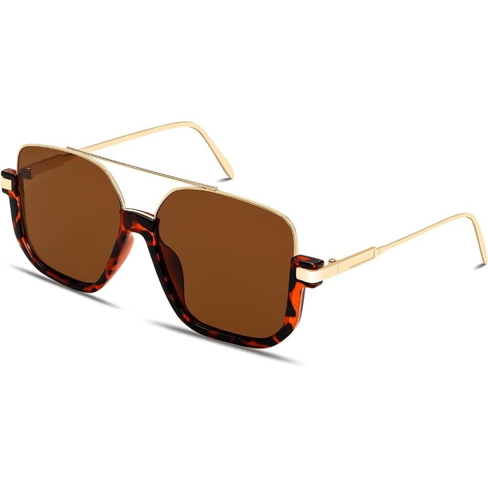 Unisex Gold Leopard Frame - Brown Oversized Aviator Sunglasses for Square Double